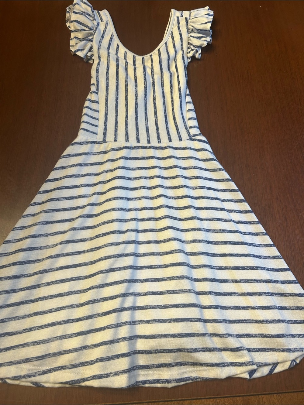 Area Code 407 Girls' Blue and White Striped Ruffle Sleeve Dress